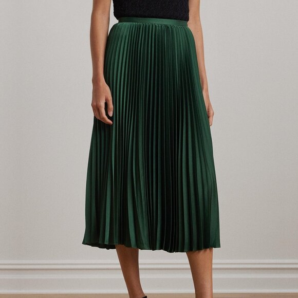 Lauren Ralph Lauren Pleated Satin Charmeuse Skirt | Green | NWT | Size 16 - Picture 1 of 4